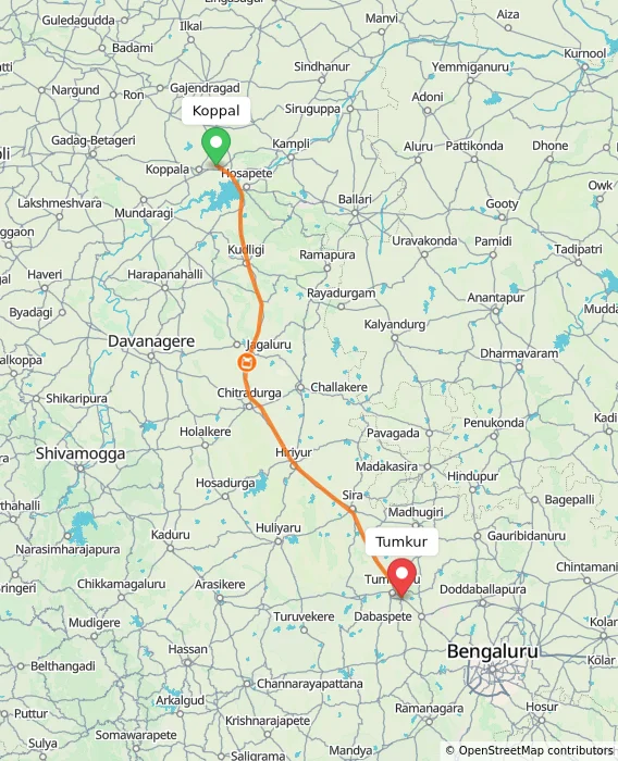 Route map showing distance and travel time from Koppal, India to Tumkur, India