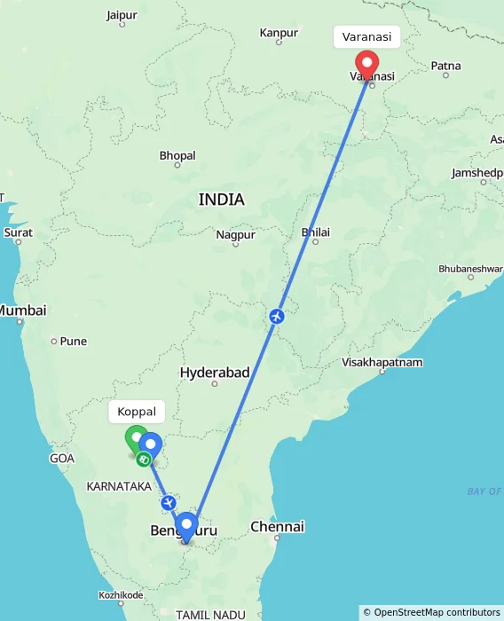 Route map showing distance and travel time from Koppal, India to Varanasi, India