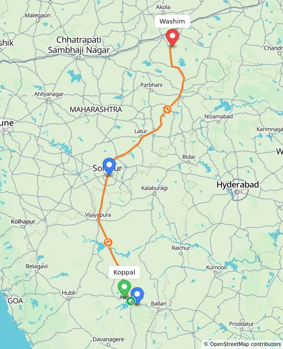 Route map showing distance and travel time from Koppal, India to Washim, India