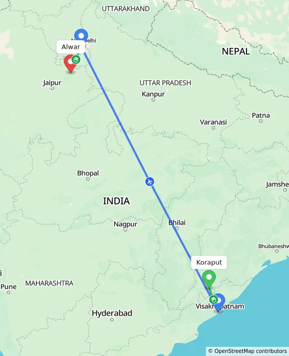 Route map showing distance and travel time from Koraput, India to Alwar, India