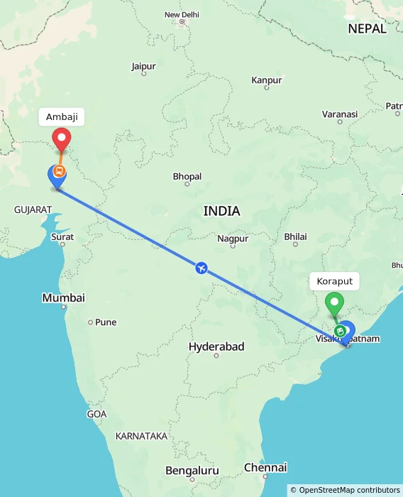 Route map showing distance and travel time from Koraput, India to Ambaji, India