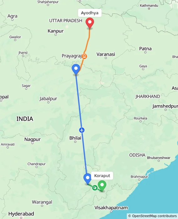 Route map showing distance and travel time from Koraput, India to Ayodhya, India