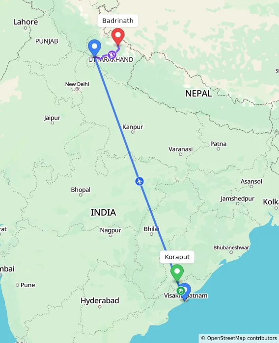 Route map showing distance and travel time from Koraput, India to Badrinath, India