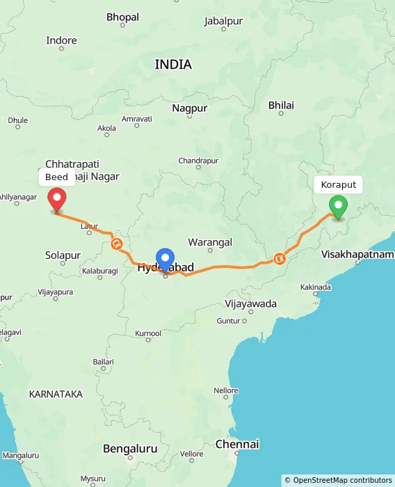 Route map showing distance and travel time from Koraput, India to Beed, India