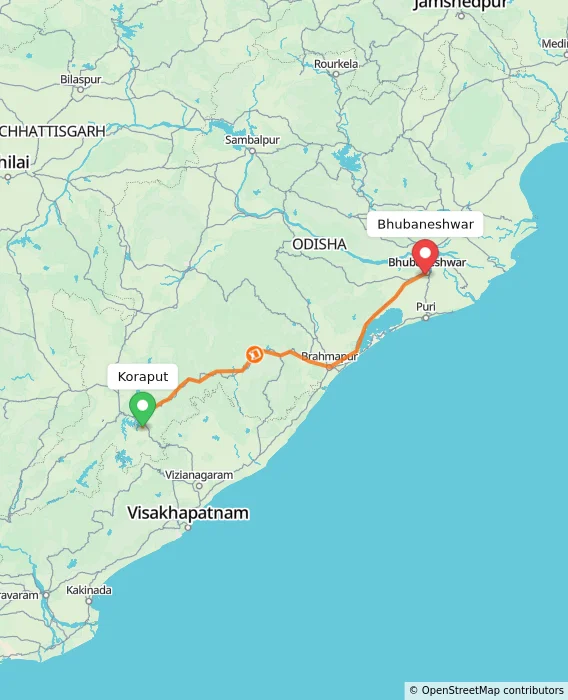 Route map showing distance and travel time from Koraput, India to Bhubaneshwar, India