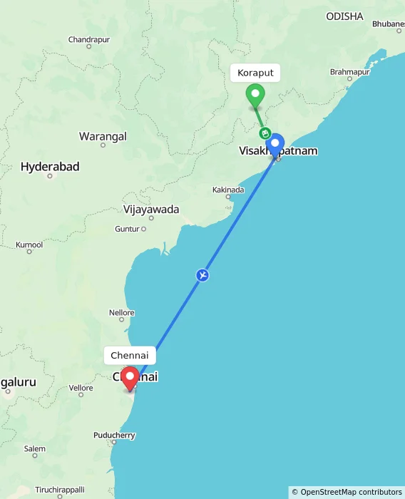 Route map showing distance and travel time from Koraput, India to Chennai, India