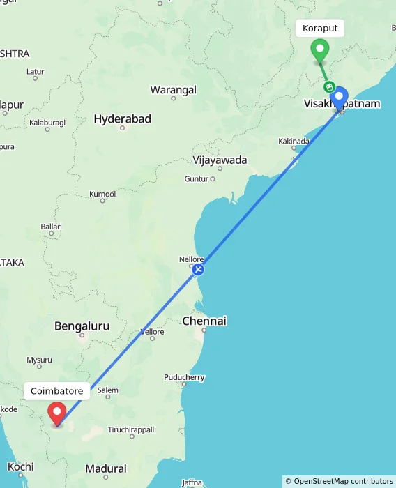 Route map showing distance and travel time from Koraput, India to Coimbatore, India