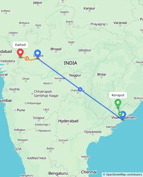 Route map showing distance and travel time from Koraput, India to Dahod, India