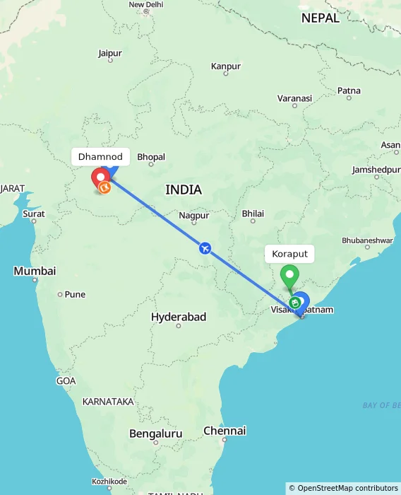 Route map showing distance and travel time from Koraput, India to Dhamnod, India
