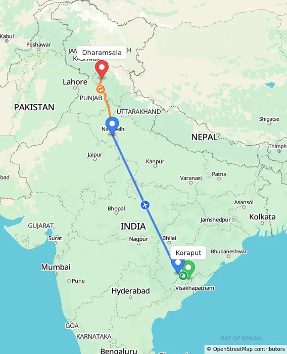 Route map showing distance and travel time from Koraput, India to Dharamsala, India