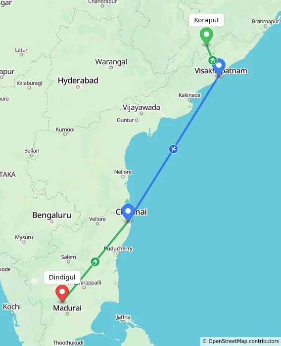 Route map showing distance and travel time from Koraput, India to Dindigul, India