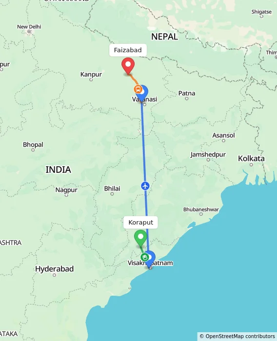Route map showing distance and travel time from Koraput, India to Faizabad, India