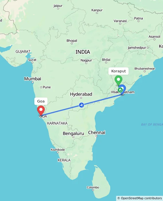 Route map showing distance and travel time from Koraput, India to Goa, India