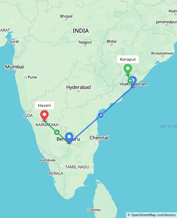 Route map showing distance and travel time from Koraput, India to Haveri, India