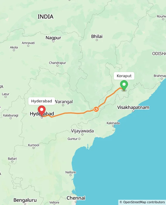 Route map showing distance and travel time from Koraput, India to Hyderabad, India