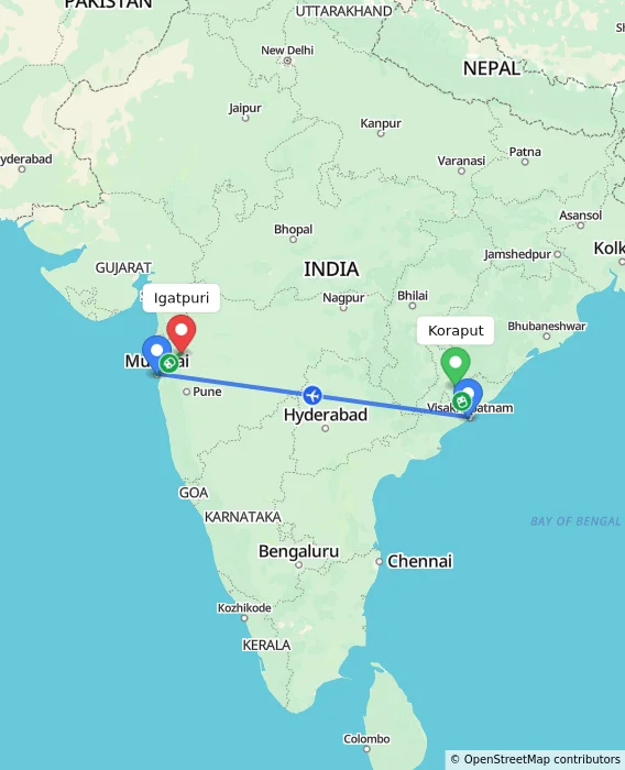 Route map showing distance and travel time from Koraput, India to Igatpuri, India