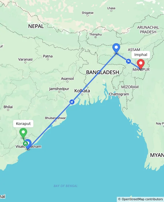 Route map showing distance and travel time from Koraput, India to Imphal, India