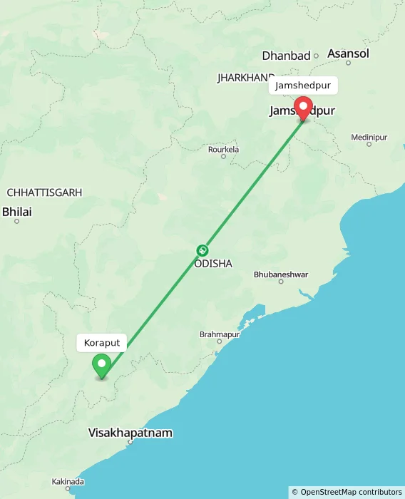 Route map showing distance and travel time from Koraput, India to Jamshedpur, India