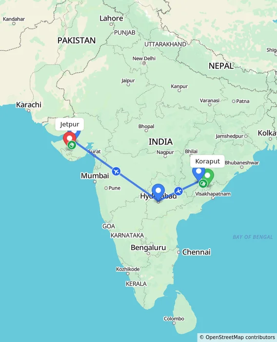 Route map showing distance and travel time from Koraput, India to Jetpur, India