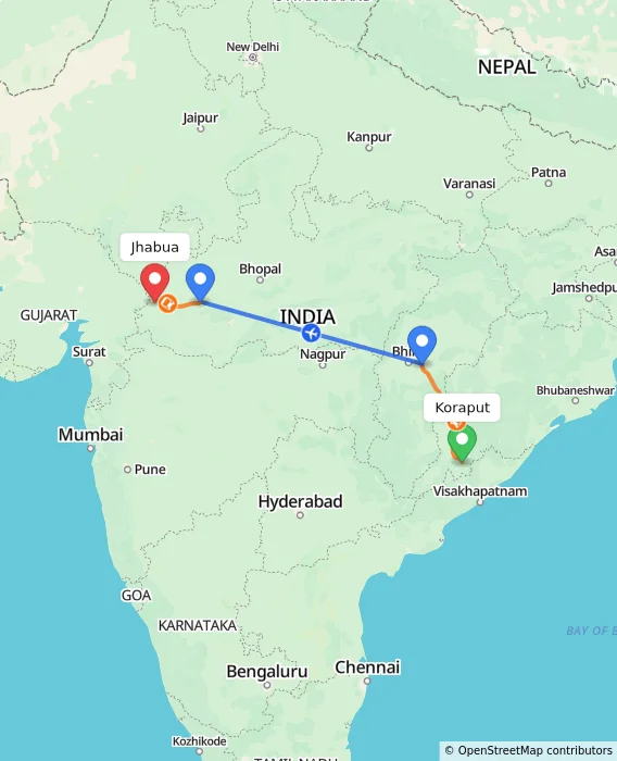 Route map showing distance and travel time from Koraput, India to Jhabua, India