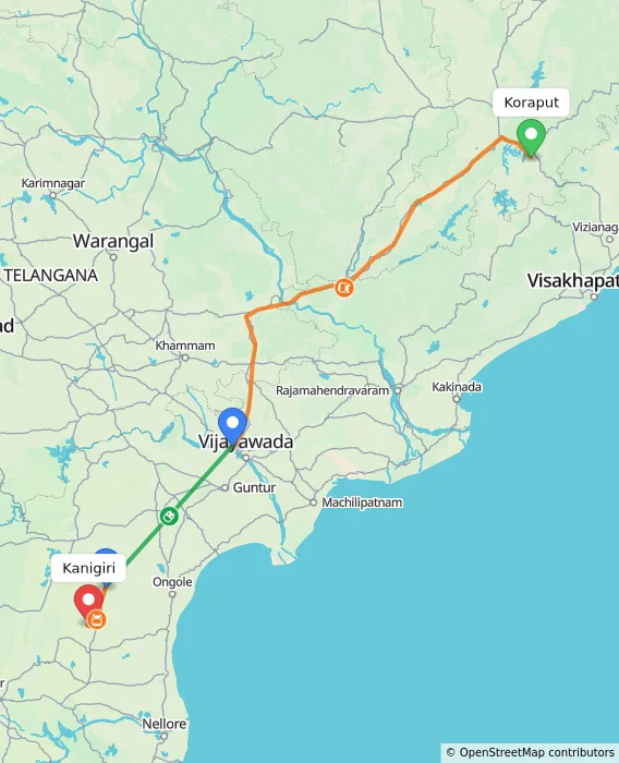 Route map showing distance and travel time from Koraput, India to Kanigiri, India