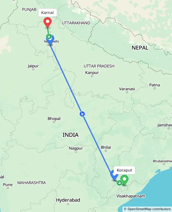 Route map showing distance and travel time from Koraput, India to Karnal, India