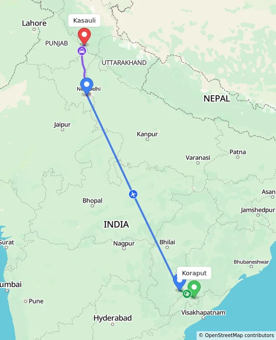 Route map showing distance and travel time from Koraput, India to Kasauli, India