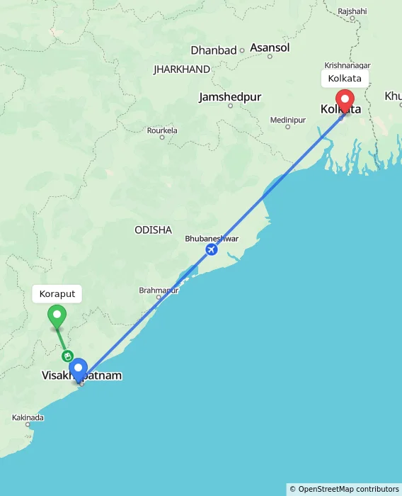 Route map showing distance and travel time from Koraput, India to Kolkata, India