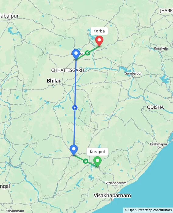 Route map showing distance and travel time from Koraput, India to Korba, India