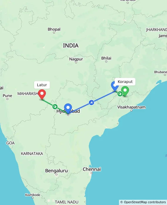 Route map showing distance and travel time from Koraput, India to Latur, India