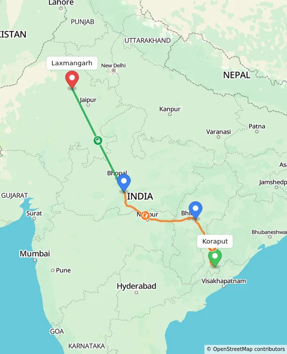 Route map showing distance and travel time from Koraput, India to Laxmangarh, India