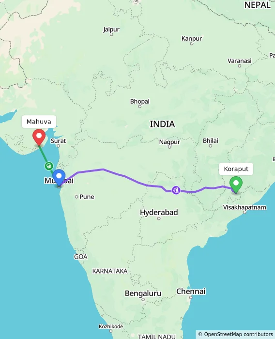 Route map showing distance and travel time from Koraput, India to Mahuva, India