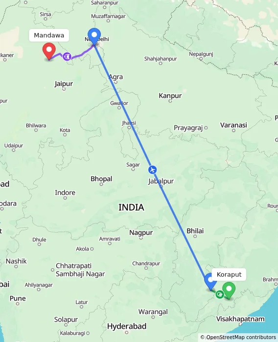 Route map showing distance and travel time from Koraput, India to Mandawa, India