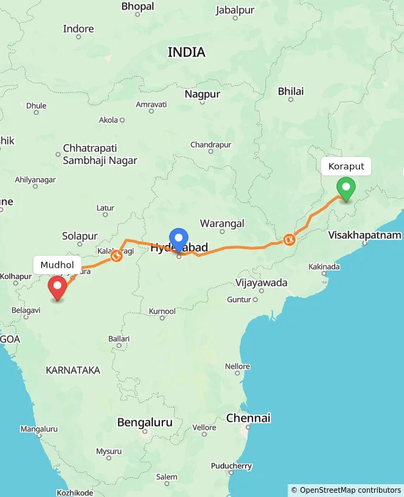 Route map showing distance and travel time from Koraput, India to Mudhol, India