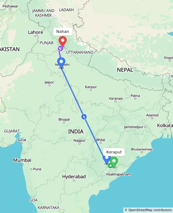 Route map showing distance and travel time from Koraput, India to Nahan, India