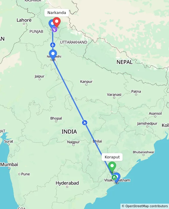 Route map showing distance and travel time from Koraput, India to Narkanda, India