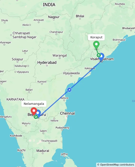 Route map showing distance and travel time from Koraput, India to Nelamangala, India