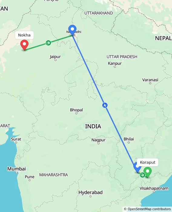 Route map showing distance and travel time from Koraput, India to Nokha, India