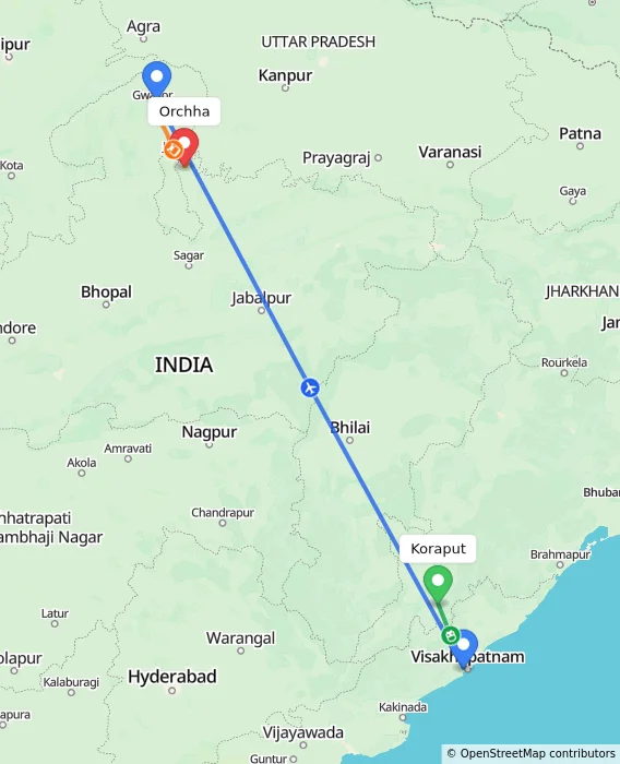 Route map showing distance and travel time from Koraput, India to Orchha, India