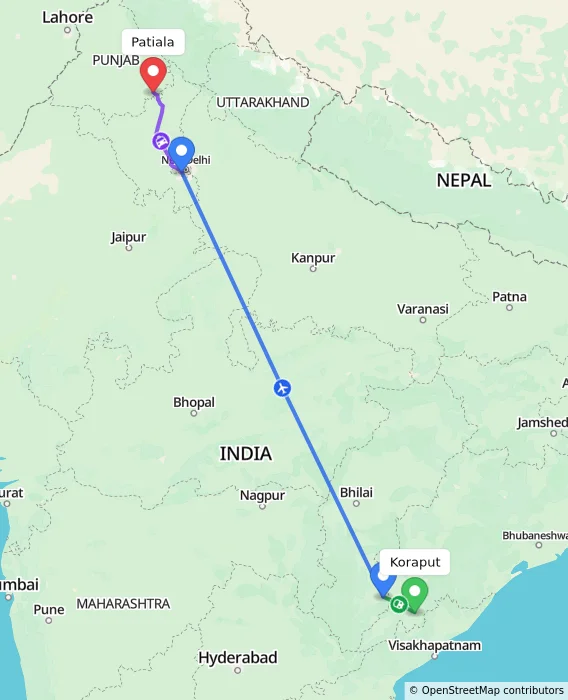 Route map showing distance and travel time from Koraput, India to Patiala, India