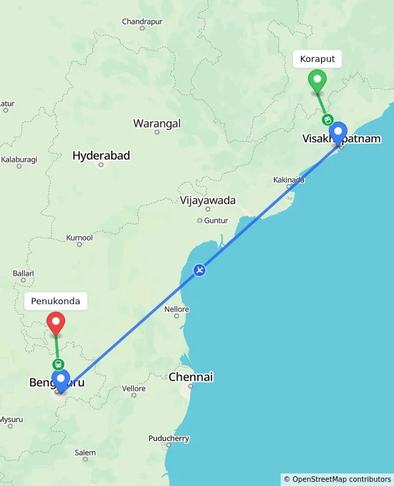 Route map showing distance and travel time from Koraput, India to Penukonda, India