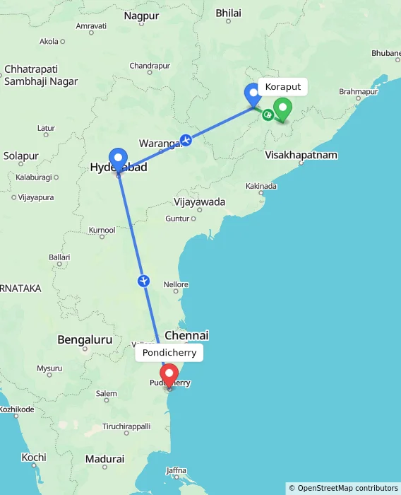 Route map showing distance and travel time from Koraput, India to Pondicherry, India