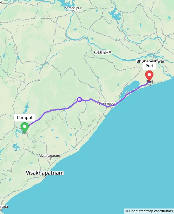 Route map showing distance and travel time from Koraput, India to Puri, India