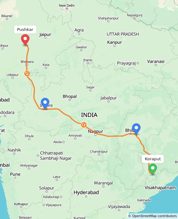 Route map showing distance and travel time from Koraput, India to Pushkar, India