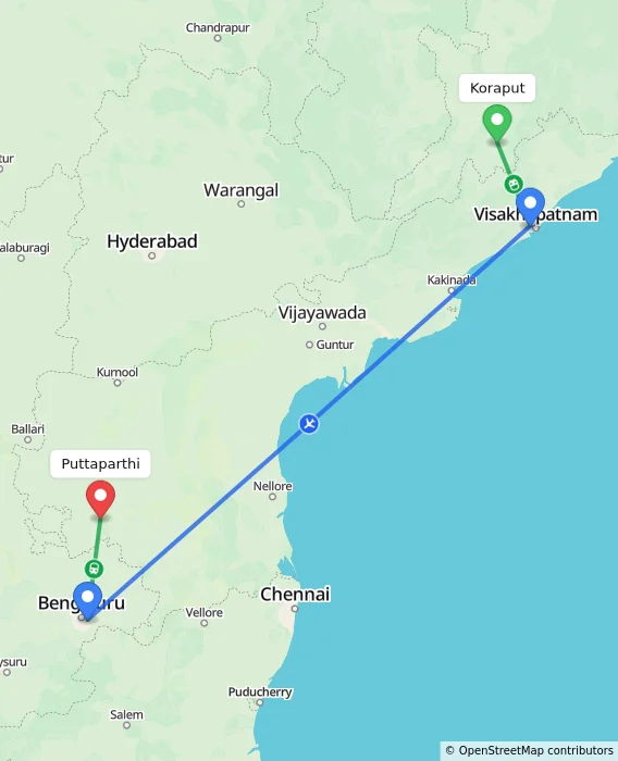 Route map showing distance and travel time from Koraput, India to Puttaparthi, India