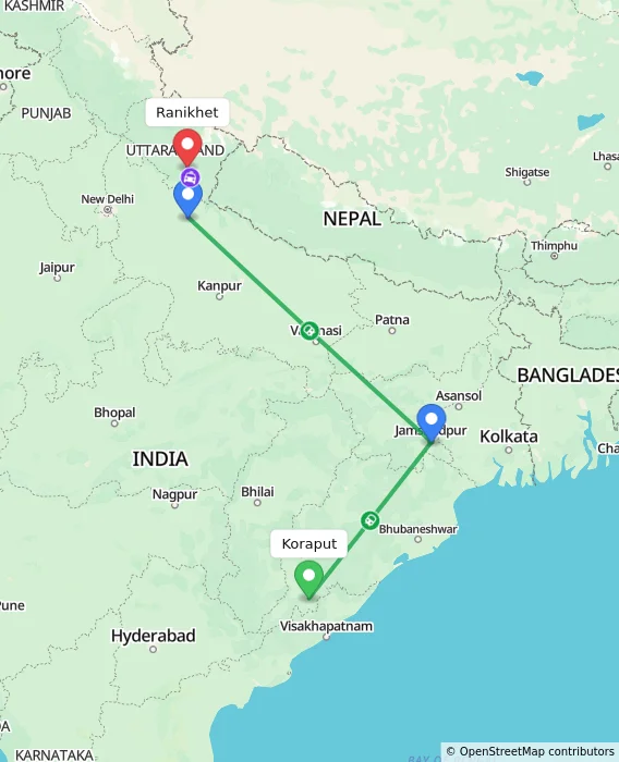 Route map showing distance and travel time from Koraput, India to Ranikhet, India