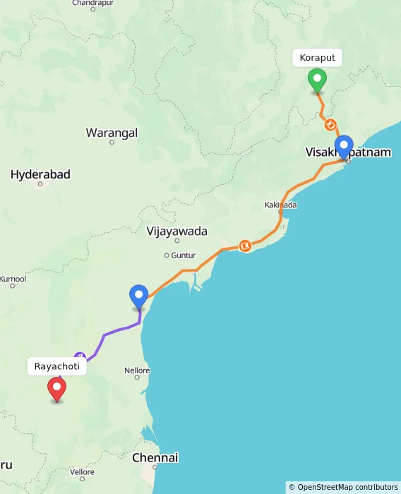 Route map showing distance and travel time from Koraput, India to Rayachoti, India