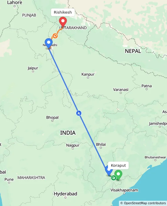Route map showing distance and travel time from Koraput, India to Rishikesh, India