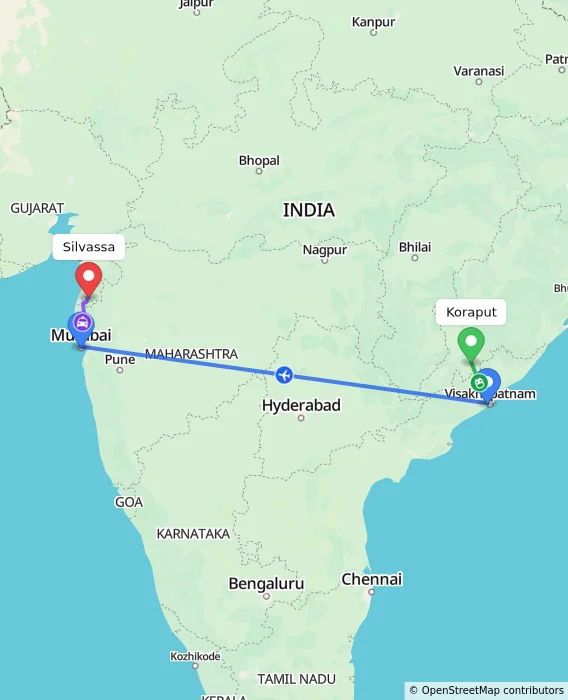 Route map showing distance and travel time from Koraput, India to Silvassa, India