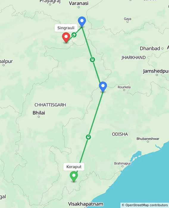 Route map showing distance and travel time from Koraput, India to Singrauli, India